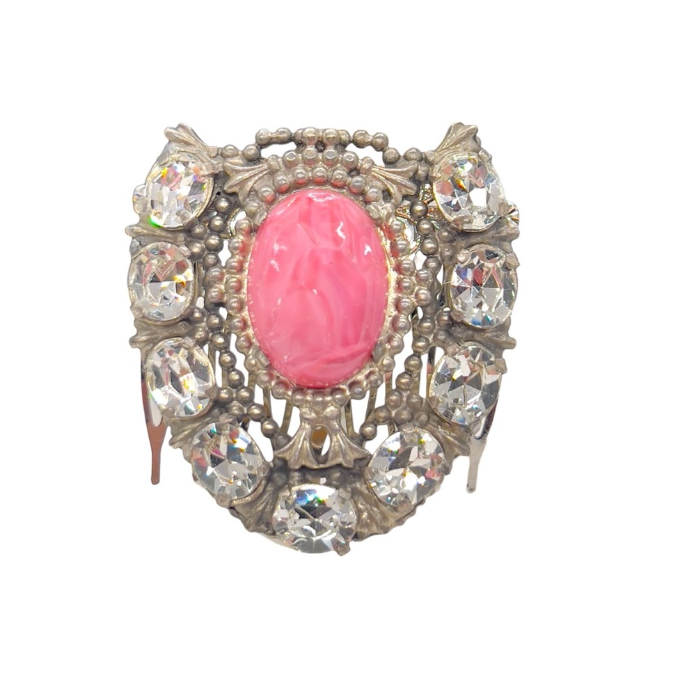 Vintage Clear Glass Stone & Pink Acrylic Cabochon Pot-metal Comb (Former Clip)